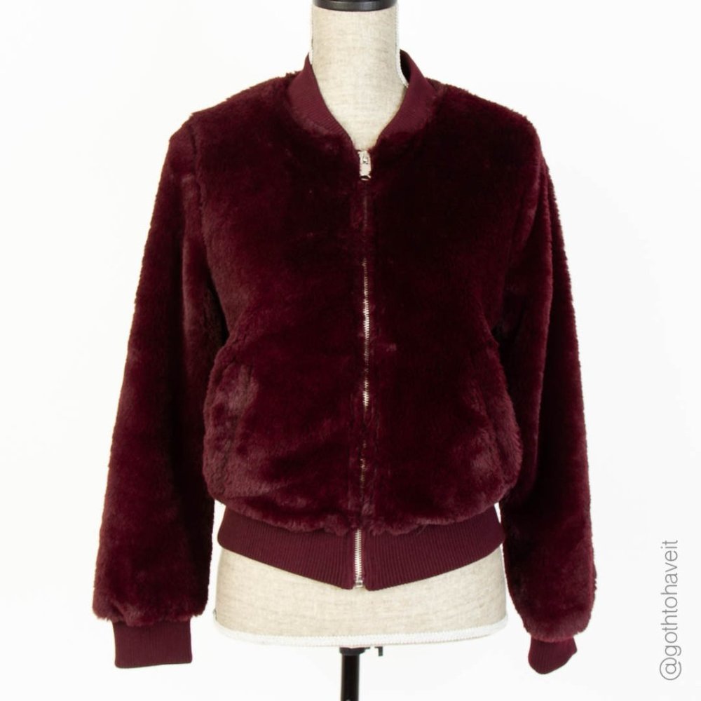 Love Tree Faux Fur Burgundy Bomber Jacket